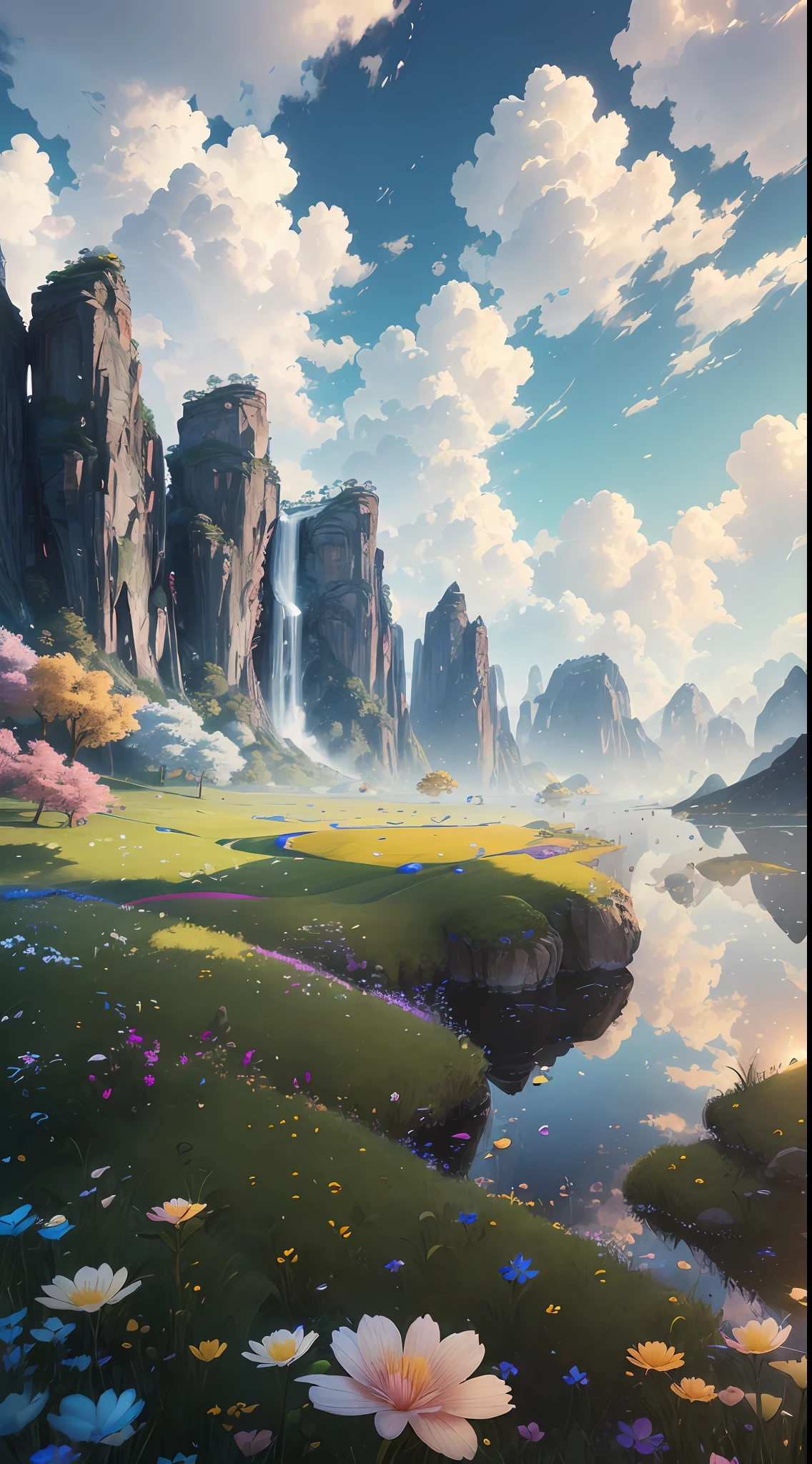 (extremely detailed CG unity 8k wallpaper, masterpiece, best quality, ultra-detailed), luminosity +1.5, floating, high saturation, a serene, idyllic grassland, featuring multicolored petals and foliage, a clear, blue sky, and white, fluffy clouds.