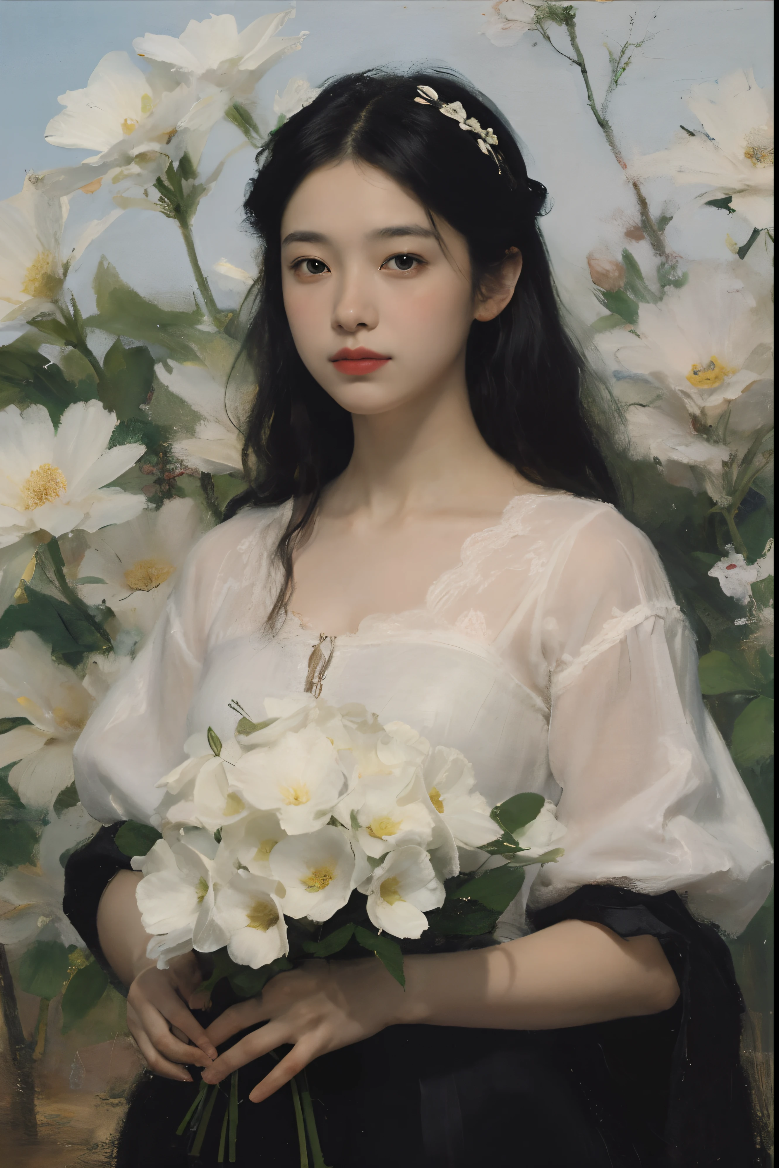 (Oil painting: 1.5),

\\

A woman with long black hair and white flowers in her hair lies in a field of white flowers, (Amy Saul: 0.248), (Stanley Ateg Liu: 0.106), (a detailed painting: 0.353), (Gothic art: 0.106)