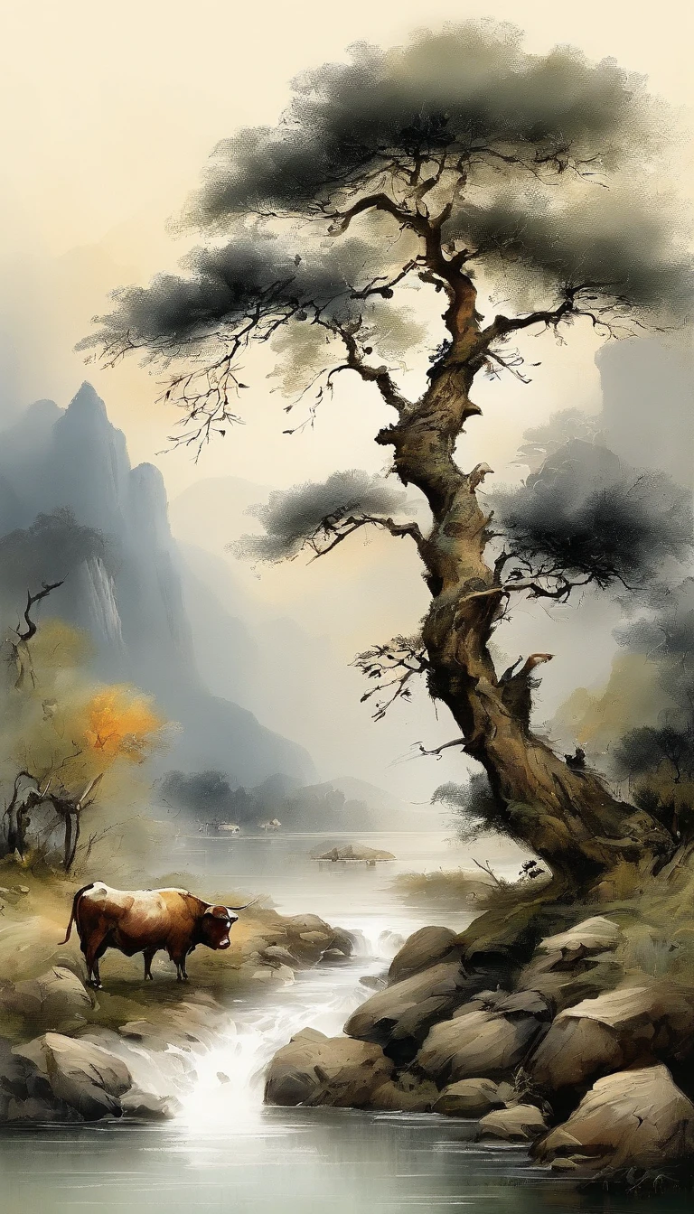 Chinese landscape painting，ink and watercolor painting，water ink，Inky，Smudge，Faraway view，Ultra-wide viewing angle，Meticulous，Schematic diagram of 5 cows，Five scalpers，River side，Small Stone Bridge，grassy fields，The tree，The view is the mountains，（8k wallpaper），（light and shadow effect），rendering by octane，White balance design，Highly detailed image depiction，wide angles，depth of fields，tmasterpiece，realisticlying，Beautifully depicted，A detailed，acurate，Works of masters，tmasterpiece